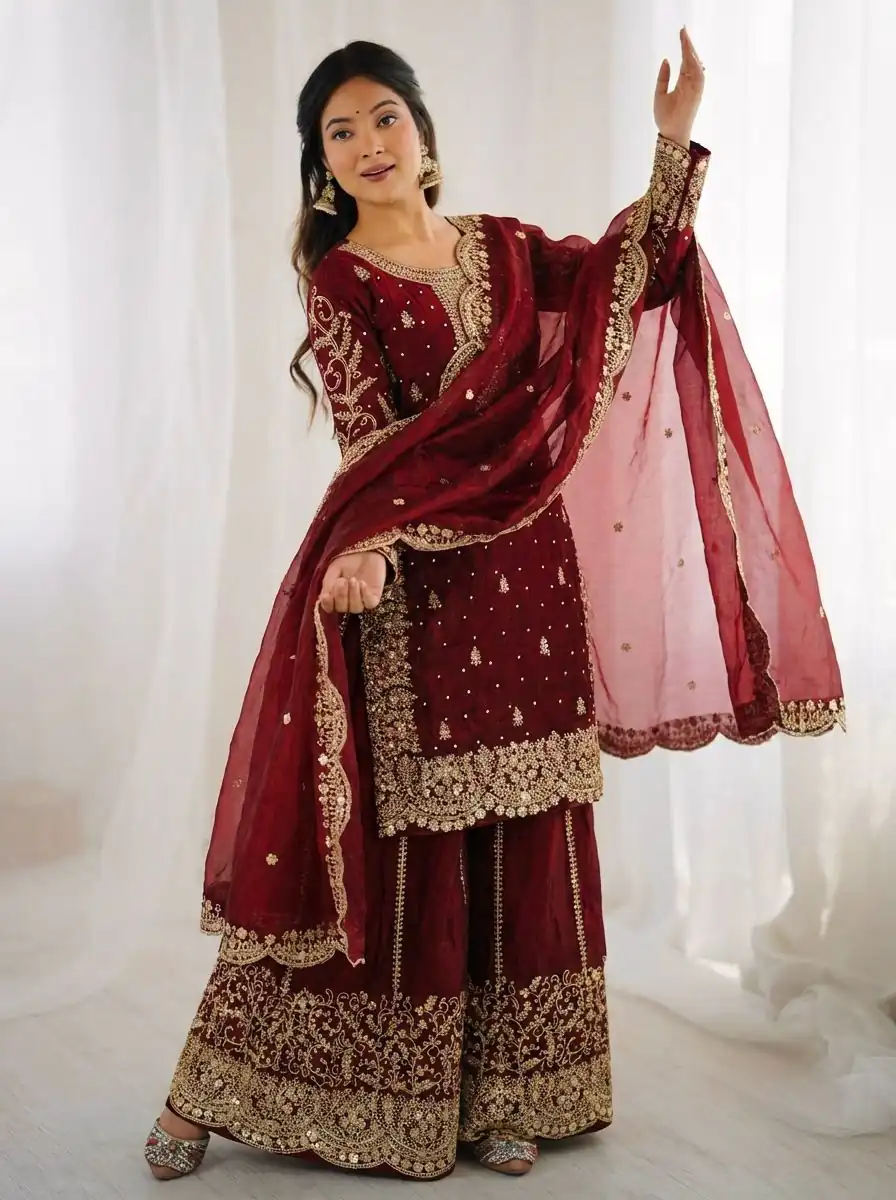 ZSR 3167 Maroon Fendy Silk Salwar Suitwith Embroidery Work & Lace Work. Now at just ₹2149. Delivery 4-6 Working Days. Shop now. | Casual Suits, Jump Suits, Creative suits, Designer Suits, Palazzo Suits, Party Wear Suits, Patiala Suits, Salwar suit, Straight Suits