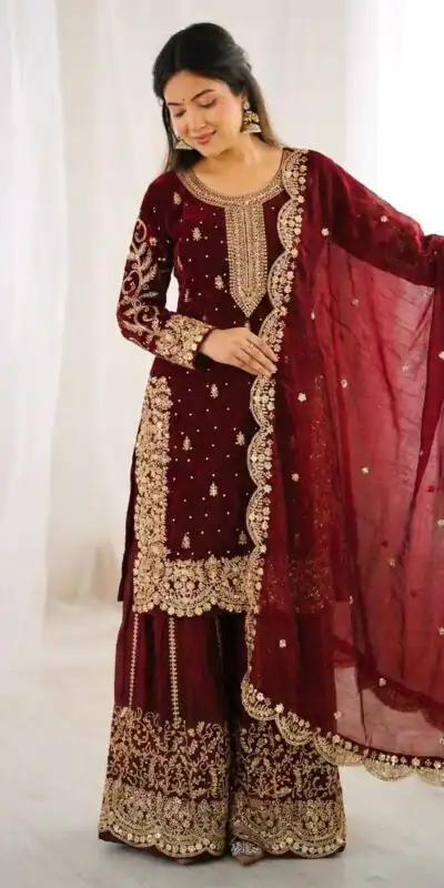 ZSR 3167 Maroon Fendy Silk Salwar Suitwith Embroidery Work & Lace Work. Now at just ₹2149. Delivery 4-6 Working Days. Shop now. | Casual Suits, Jump Suits, Creative suits, Designer Suits, Palazzo Suits, Party Wear Suits, Patiala Suits, Salwar suit, Straight Suits