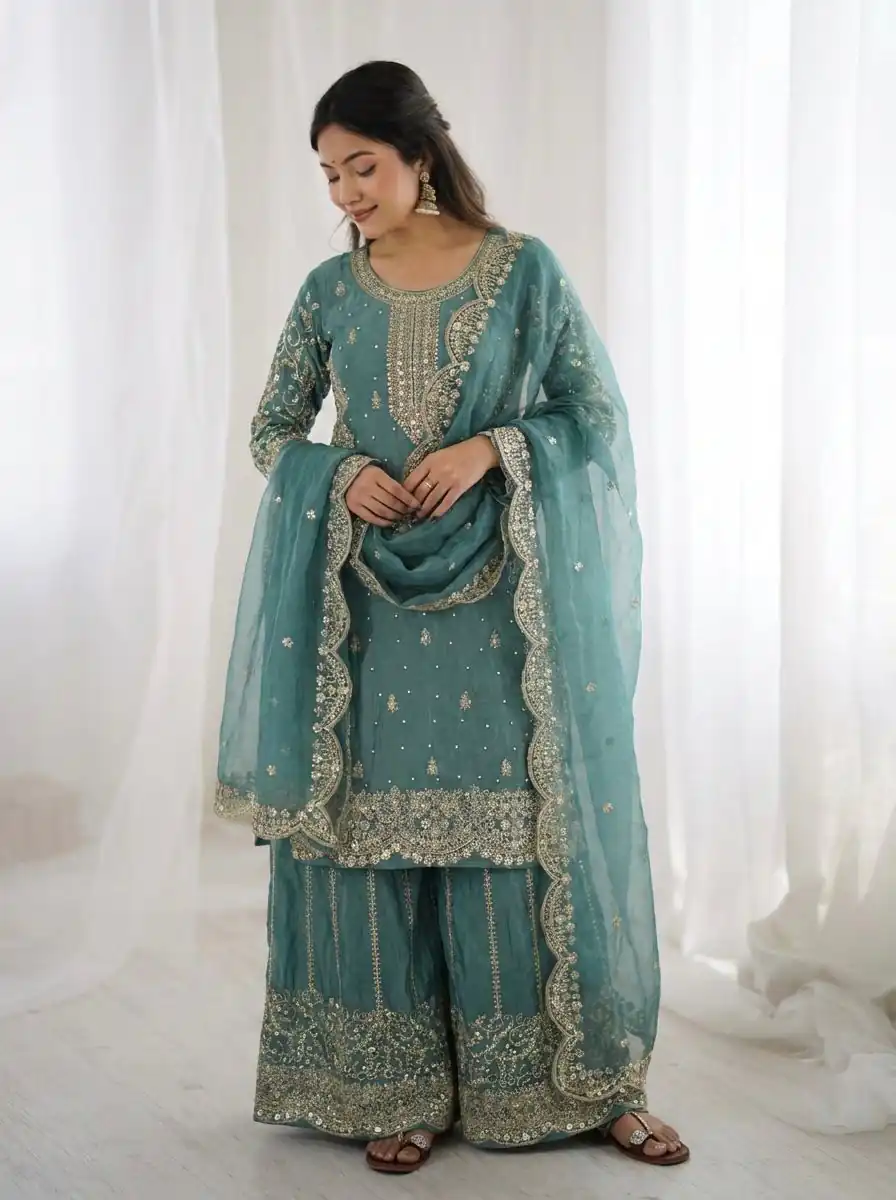 ZSR 3167 Sea Green Fendy Silk Salwar Suitwith Embroidery Work & Lace Work. Now at just ₹2149. Delivery 4-6 Working Days. Shop now. | Casual Suits, Jump Suits, Creative suits, Designer Suits, Palazzo Suits, Party Wear Suits, Patiala Suits, Salwar suit, Straight Suits