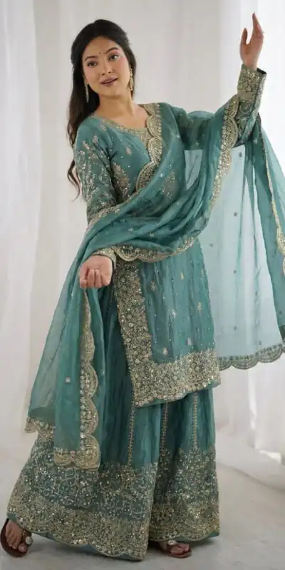 ZSR 3167 Sea Green Fendy Silk Salwar Suitwith Embroidery Work & Lace Work. Now at just ₹2149. Delivery 4-6 Working Days. Shop now. | Casual Suits, Jump Suits, Creative suits, Designer Suits, Palazzo Suits, Party Wear Suits, Patiala Suits, Salwar suit, Straight Suits