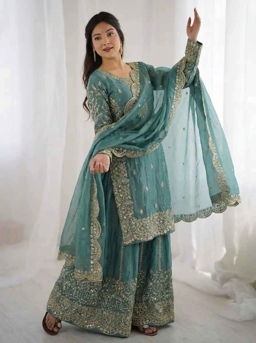 ZSR 3167 Sea Green Fendy Silk Salwar Suitwith Embroidery Work & Lace Work. Now at just ₹2149. Delivery 4-6 Working Days. Shop now. | Casual Suits, Jump Suits, Creative suits, Designer Suits, Palazzo Suits, Party Wear Suits, Patiala Suits, Salwar suit, Straight Suits