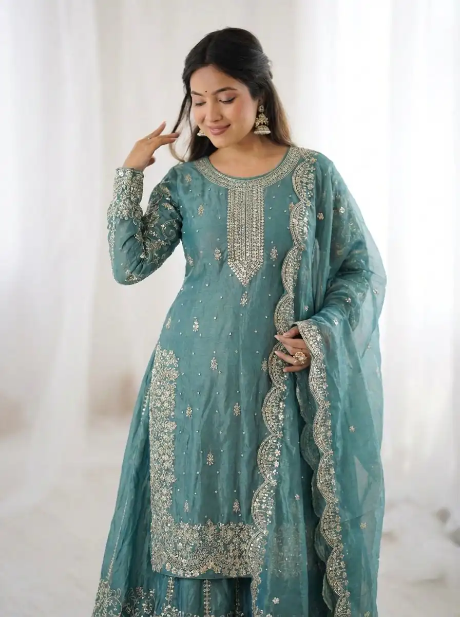 ZSR 3167 Sea Green Fendy Silk Salwar Suitwith Embroidery Work & Lace Work. Now at just ₹2149. Delivery 4-6 Working Days. Shop now. | Casual Suits, Jump Suits, Creative suits, Designer Suits, Palazzo Suits, Party Wear Suits, Patiala Suits, Salwar suit, Straight Suits