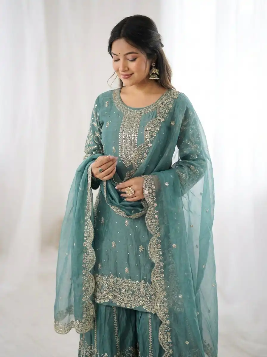 ZSR 3167 Sea Green Fendy Silk Salwar Suitwith Embroidery Work & Lace Work. Now at just ₹2149. Delivery 4-6 Working Days. Shop now. | Casual Suits, Jump Suits, Creative suits, Designer Suits, Palazzo Suits, Party Wear Suits, Patiala Suits, Salwar suit, Straight Suits