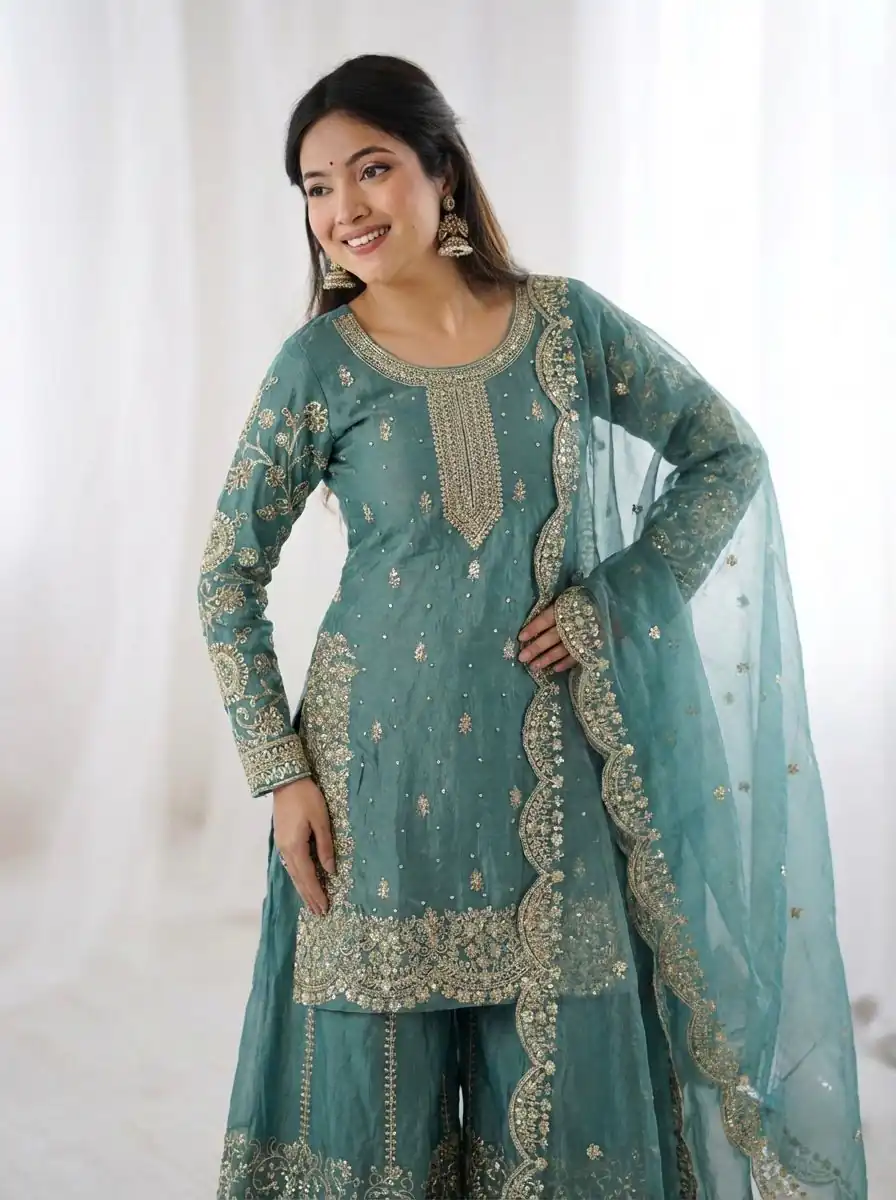 ZSR 3167 Sea Green Fendy Silk Salwar Suitwith Embroidery Work & Lace Work. Now at just ₹2149. Delivery 4-6 Working Days. Shop now. | Casual Suits, Jump Suits, Creative suits, Designer Suits, Palazzo Suits, Party Wear Suits, Patiala Suits, Salwar suit, Straight Suits