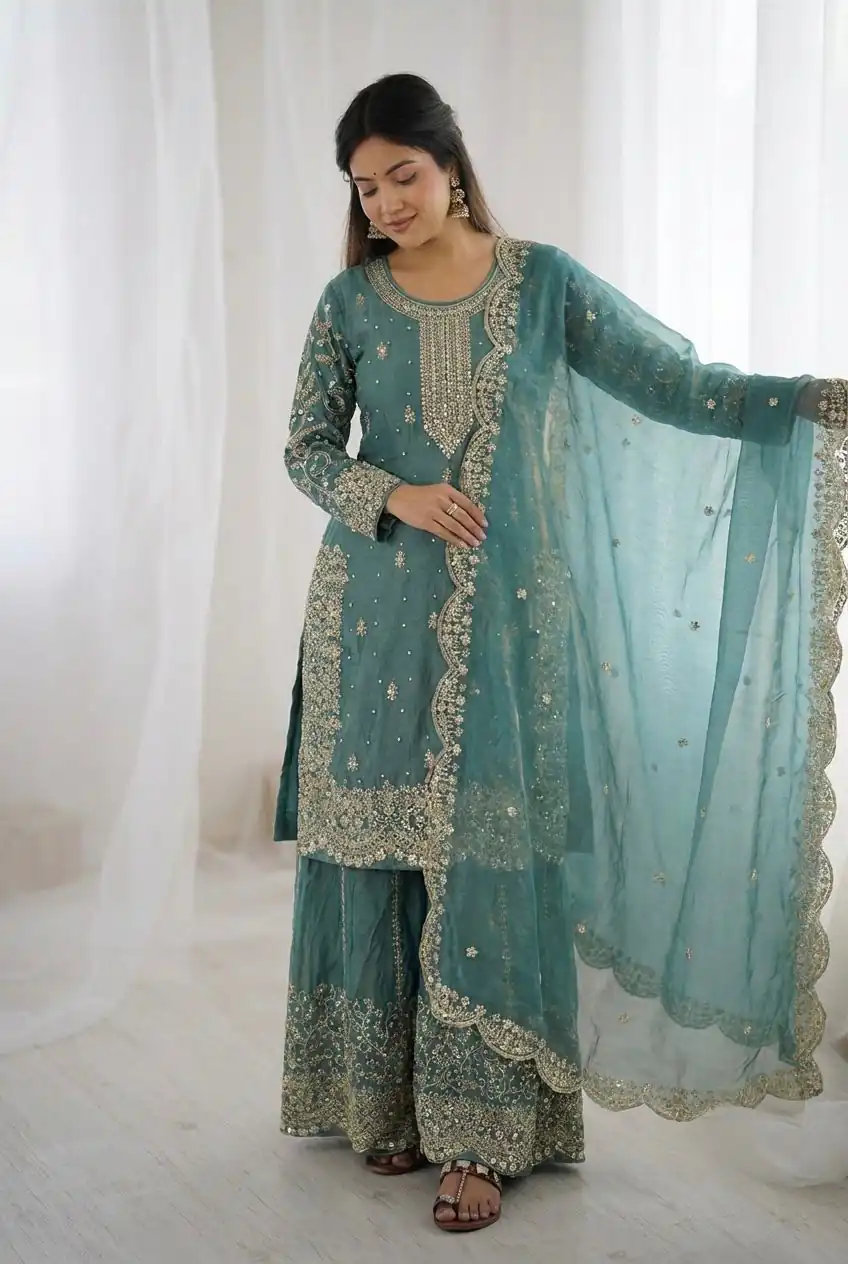 ZSR 3167 Sea Green Fendy Silk Salwar Suitwith Embroidery Work & Lace Work. Now at just ₹2149. Delivery 4-6 Working Days. Shop now. | Casual Suits, Jump Suits, Creative suits, Designer Suits, Palazzo Suits, Party Wear Suits, Patiala Suits, Salwar suit, Straight Suits