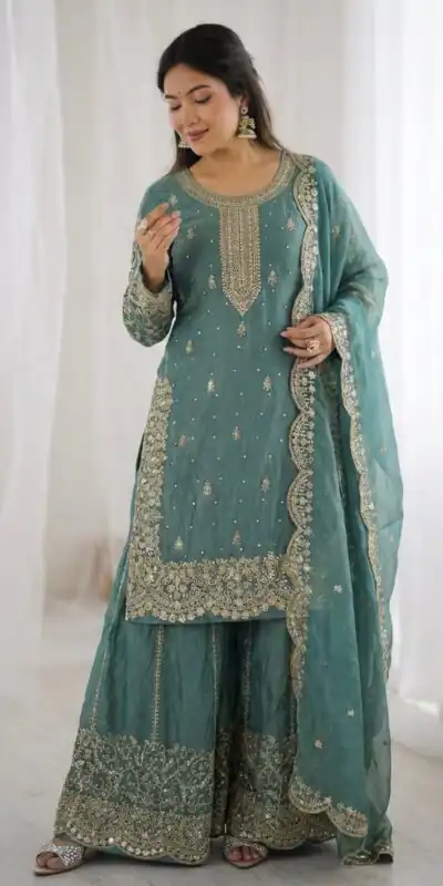 ZSR 3167 Sea Green Fendy Silk Salwar Suitwith Embroidery Work & Lace Work. Now at just ₹2149. Delivery 4-6 Working Days. Shop now. | Casual Suits, Jump Suits, Creative suits, Designer Suits, Palazzo Suits, Party Wear Suits, Patiala Suits, Salwar suit, Straight Suits