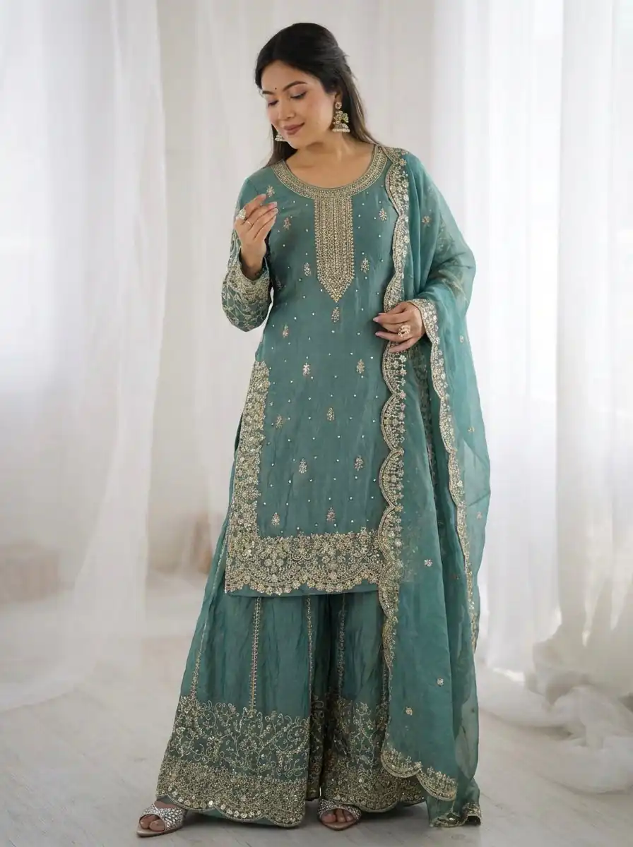 ZSR 3167 Sea Green Fendy Silk Salwar Suitwith Embroidery Work & Lace Work. Now at just ₹2149. Delivery 4-6 Working Days. Shop now. | Casual Suits, Jump Suits, Creative suits, Designer Suits, Palazzo Suits, Party Wear Suits, Patiala Suits, Salwar suit, Straight Suits