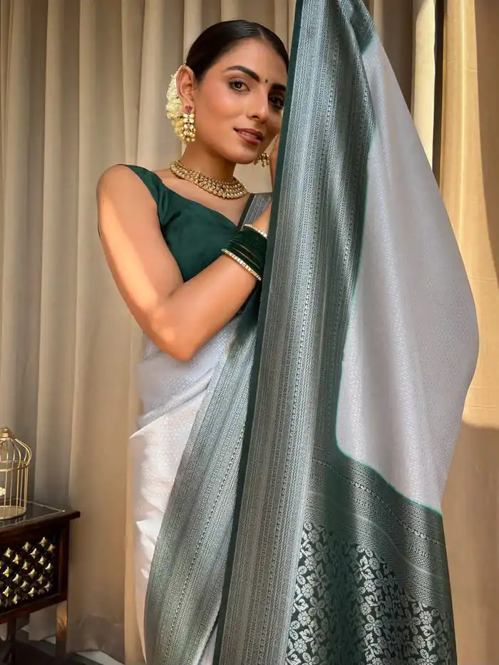 KPR 230 Silver Soft Lichi Silk Saree Perfect for Wedding, Party, Reception, Diwali, Ethnic Day – . Affordable Price ₹1449. Delivery 4-6 Working Days. | Creative Sarees, Bollywood Sarees, Designer Sarees, Embroidered Sarees, Ethnic Saree, Modern Digital sarees, Party Wear Sarees, Sarees