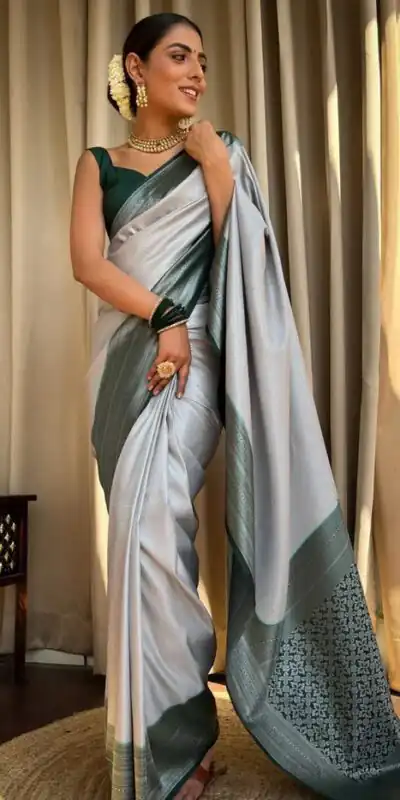 KPR 230 Silver Soft Lichi Silk Saree Perfect for Wedding, Party, Reception, Diwali, Ethnic Day – . Affordable Price ₹1449. Delivery 4-6 Working Days. | Creative Sarees, Bollywood Sarees, Designer Sarees, Embroidered Sarees, Ethnic Saree, Modern Digital sarees, Party Wear Sarees, Sarees