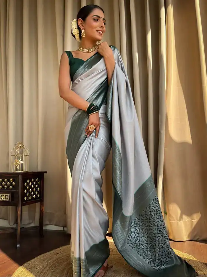 KPR 230 Silver Soft Lichi Silk Saree Perfect for Wedding, Party, Reception, Diwali, Ethnic Day – . Affordable Price ₹1449. Delivery 4-6 Working Days. | Creative Sarees, Bollywood Sarees, Designer Sarees, Embroidered Sarees, Ethnic Saree, Modern Digital sarees, Party Wear Sarees, Sarees