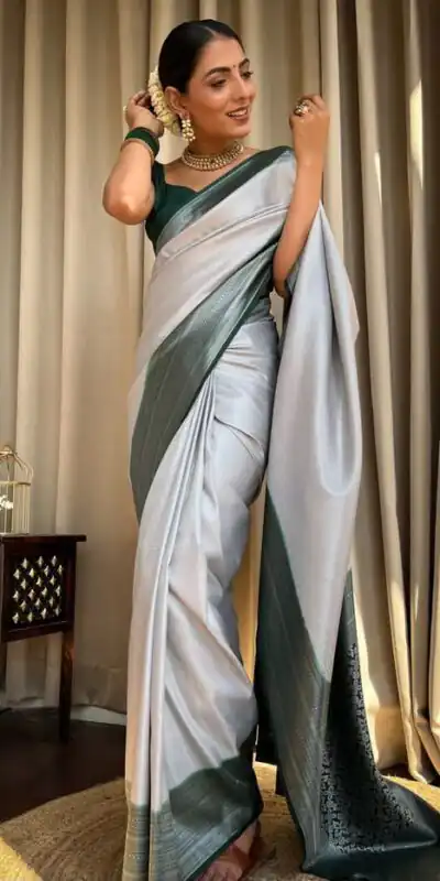 KPR 230 Silver Soft Lichi Silk Saree Perfect for Wedding, Party, Reception, Diwali, Ethnic Day – . Affordable Price ₹1449. Delivery 4-6 Working Days. | Creative Sarees, Bollywood Sarees, Designer Sarees, Embroidered Sarees, Ethnic Saree, Modern Digital sarees, Party Wear Sarees, Sarees