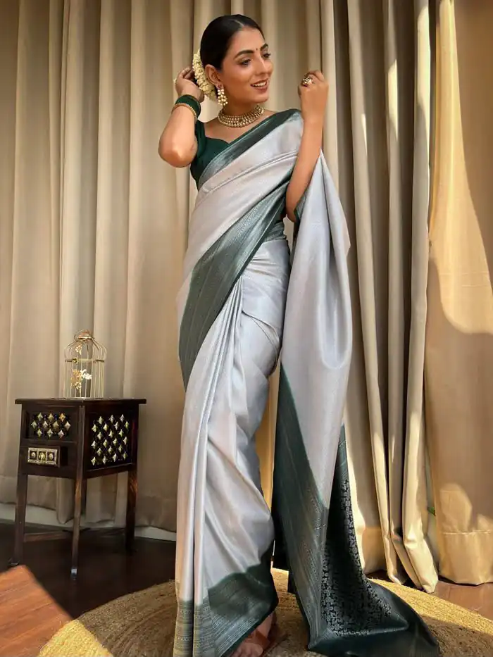 KPR 230 Silver Soft Lichi Silk Saree Perfect for Wedding, Party, Reception, Diwali, Ethnic Day – . Affordable Price ₹1449. Delivery 4-6 Working Days. | Creative Sarees, Bollywood Sarees, Designer Sarees, Embroidered Sarees, Ethnic Saree, Modern Digital sarees, Party Wear Sarees, Sarees
