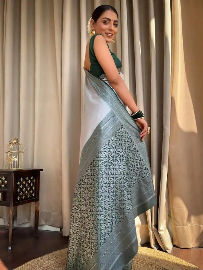 KPR 230 Silver Soft Lichi Silk Saree Perfect for Wedding, Party, Reception, Diwali, Ethnic Day – . Affordable Price ₹1449. Delivery 4-6 Working Days. | Creative Sarees, Bollywood Sarees, Designer Sarees, Embroidered Sarees, Ethnic Saree, Modern Digital sarees, Party Wear Sarees, Sarees