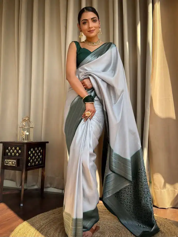 KPR 230 Silver Soft Lichi Silk Saree Perfect for Wedding, Party, Reception, Diwali, Ethnic Day – . Affordable Price ₹1449. Delivery 4-6 Working Days. | Creative Sarees, Bollywood Sarees, Designer Sarees, Embroidered Sarees, Ethnic Saree, Modern Digital sarees, Party Wear Sarees, Sarees