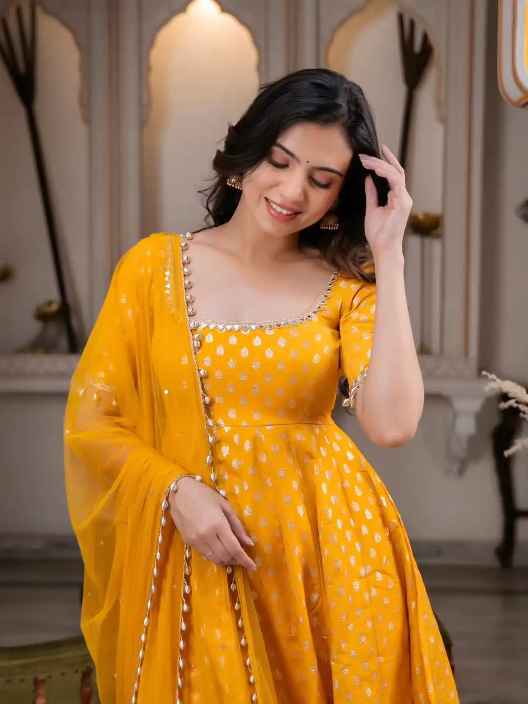 RTC 6025 Yellow Chanderi Jacquard Butti Salwar Suit with Mirror Work & Lace Work. Festive Deal ₹2149. Delivery 4-6 Working Days. Shop now. | Anarkali Suits, Bollywood Anarkali, Creative-Anarkali, Designer Anarkali, Embroidered Anarkali, Party Wear Anarkali