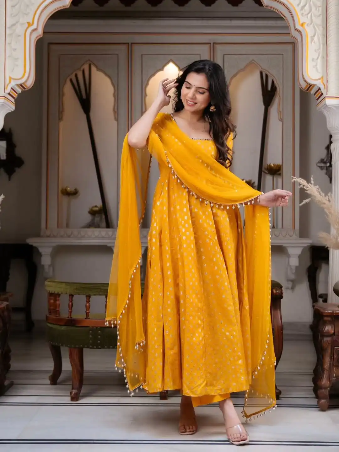 RTC 6025 Yellow Chanderi Jacquard Butti Salwar Suit with Mirror Work & Lace Work. Festive Deal ₹2149. Delivery 4-6 Working Days. Shop now. | Anarkali Suits, Bollywood Anarkali, Creative-Anarkali, Designer Anarkali, Embroidered Anarkali, Party Wear Anarkali