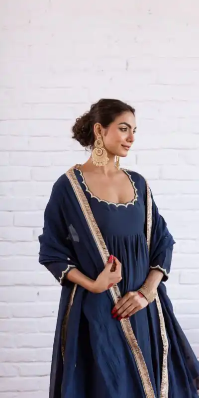 SRK 5324 Navy Blue Color Vichitra silk Gown with Bead Work & Lace Work. Now at just ₹1749. Delivery 4-6 Working Days. Shop now. | Bollywood Gowns, Creative Gowns, Designer Gowns, Embroidered Gowns, Gowns, Party Wear Gowns