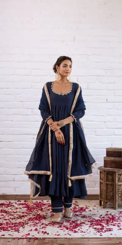 SRK 5324 Navy Blue Color Vichitra silk Gown with Bead Work & Lace Work. Now at just ₹1749. Delivery 4-6 Working Days. Shop now. | Bollywood Gowns, Creative Gowns, Designer Gowns, Embroidered Gowns, Gowns, Party Wear Gowns