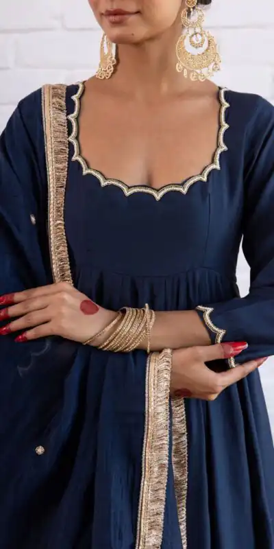 SRK 5324 Navy Blue Color Vichitra silk Gown with Bead Work & Lace Work. Now at just ₹1749. Delivery 4-6 Working Days. Shop now. | Bollywood Gowns, Creative Gowns, Designer Gowns, Embroidered Gowns, Gowns, Party Wear Gowns