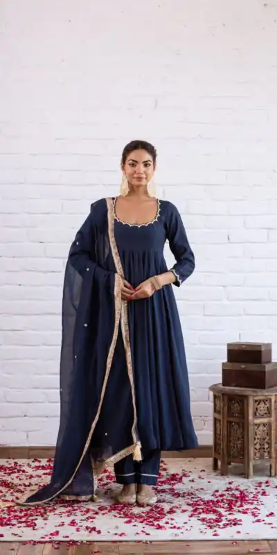 SRK 5324 Navy Blue Color Vichitra silk Gown with Bead Work & Lace Work. Now at just ₹1749. Delivery 4-6 Working Days. Shop now. | Bollywood Gowns, Creative Gowns, Designer Gowns, Embroidered Gowns, Gowns, Party Wear Gowns