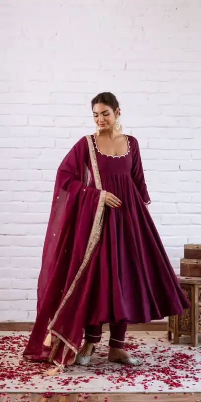 SRK 5324 Wine Color Vichitra silk Gown with Bead Work & Lace Work. Now at just ₹1749. Delivery 4-6 Working Days. Shop now. | Bollywood Gowns, Creative Gowns, Designer Gowns, Embroidered Gowns, Gowns, Party Wear Gowns