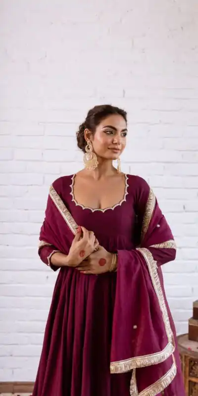 SRK 5324 Wine Color Vichitra silk Gown with Bead Work & Lace Work. Now at just ₹1749. Delivery 4-6 Working Days. Shop now. | Bollywood Gowns, Creative Gowns, Designer Gowns, Embroidered Gowns, Gowns, Party Wear Gowns