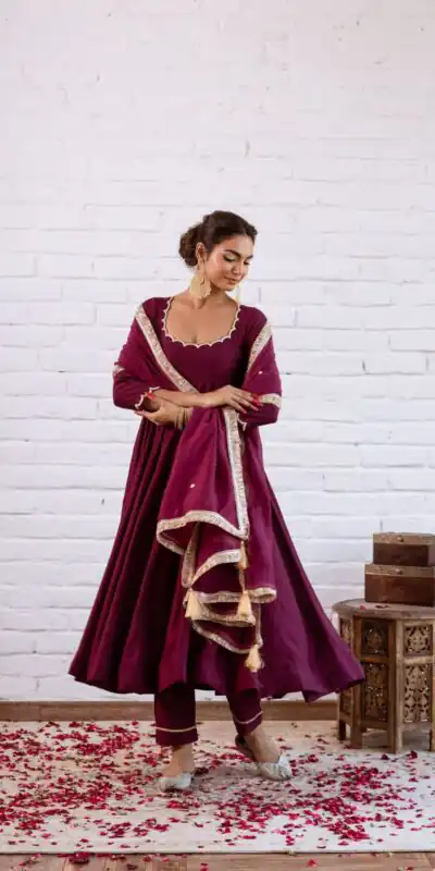 SRK 5324 Wine Color Vichitra silk Gown with Bead Work & Lace Work. Now at just ₹1749. Delivery 4-6 Working Days. Shop now. | Bollywood Gowns, Creative Gowns, Designer Gowns, Embroidered Gowns, Gowns, Party Wear Gowns