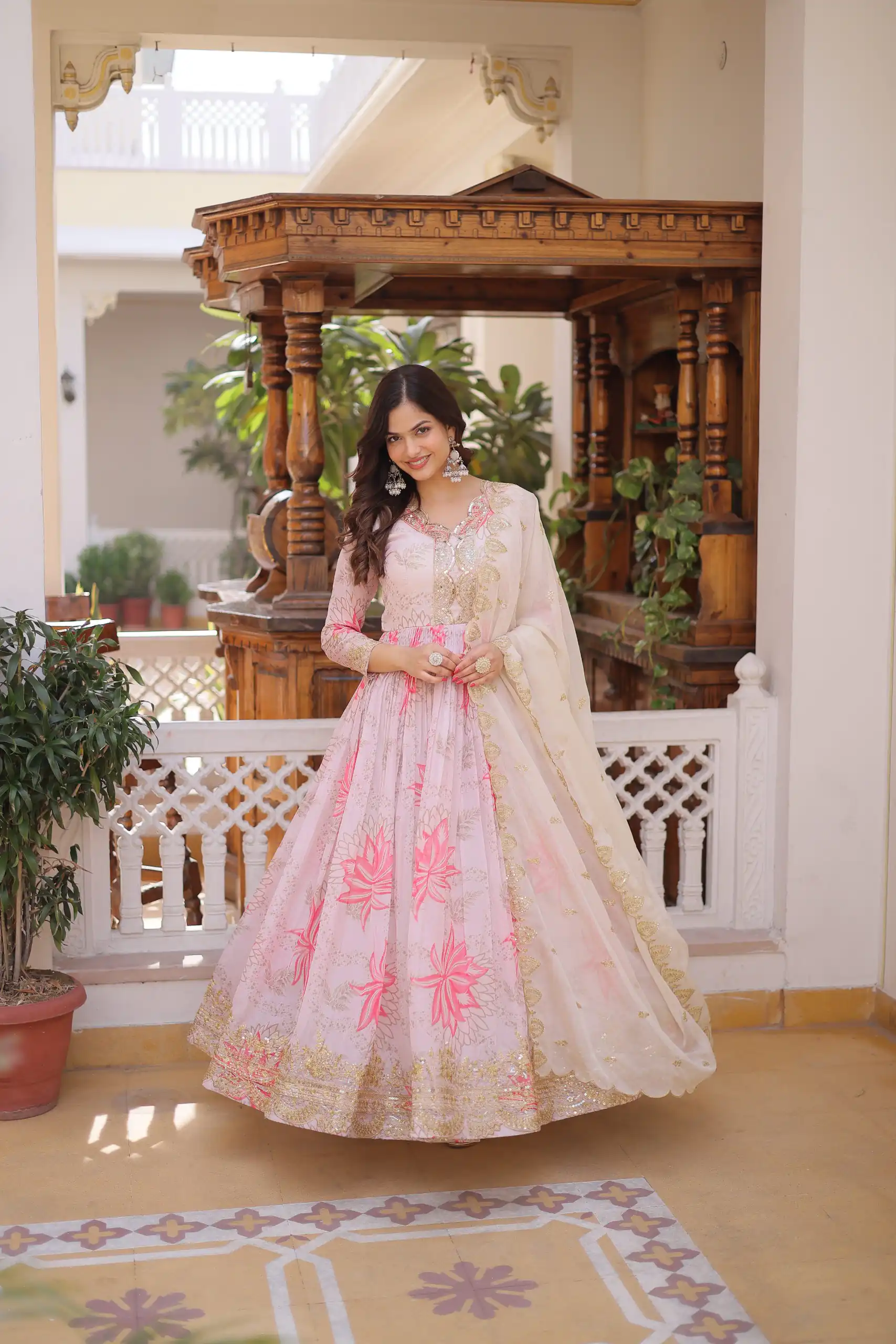 KA 1243 CreamColor Russian Silk Gown with Zari Work & Embroidery Work. Now at just ₹2499. Delivery 4-6 Working Days. Shop now. | Bollywood Gowns, Creative Gowns, Designer Gowns, Embroidered Gowns, Gowns, Party Wear Gowns