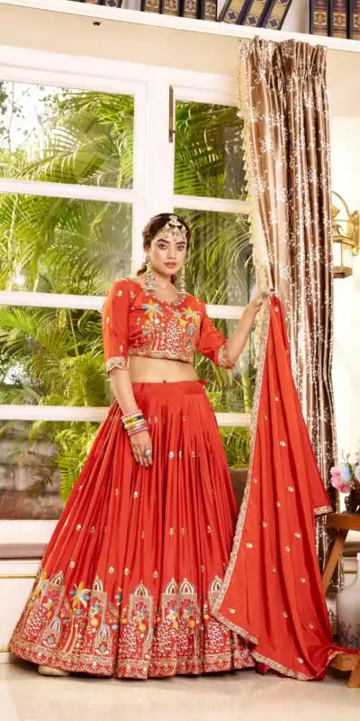 Ram 178 Orange Color Pure Crap Silk Lehenga Choli with Embroidery Work. Best Price ₹2549. Delivery 4-6 Working Days. Shop now. | Bollywood Lehenga, Creative Lehenga, Designer Lehenga, Embroidered Lehenga, Lehenga, Party Wear Lehenga