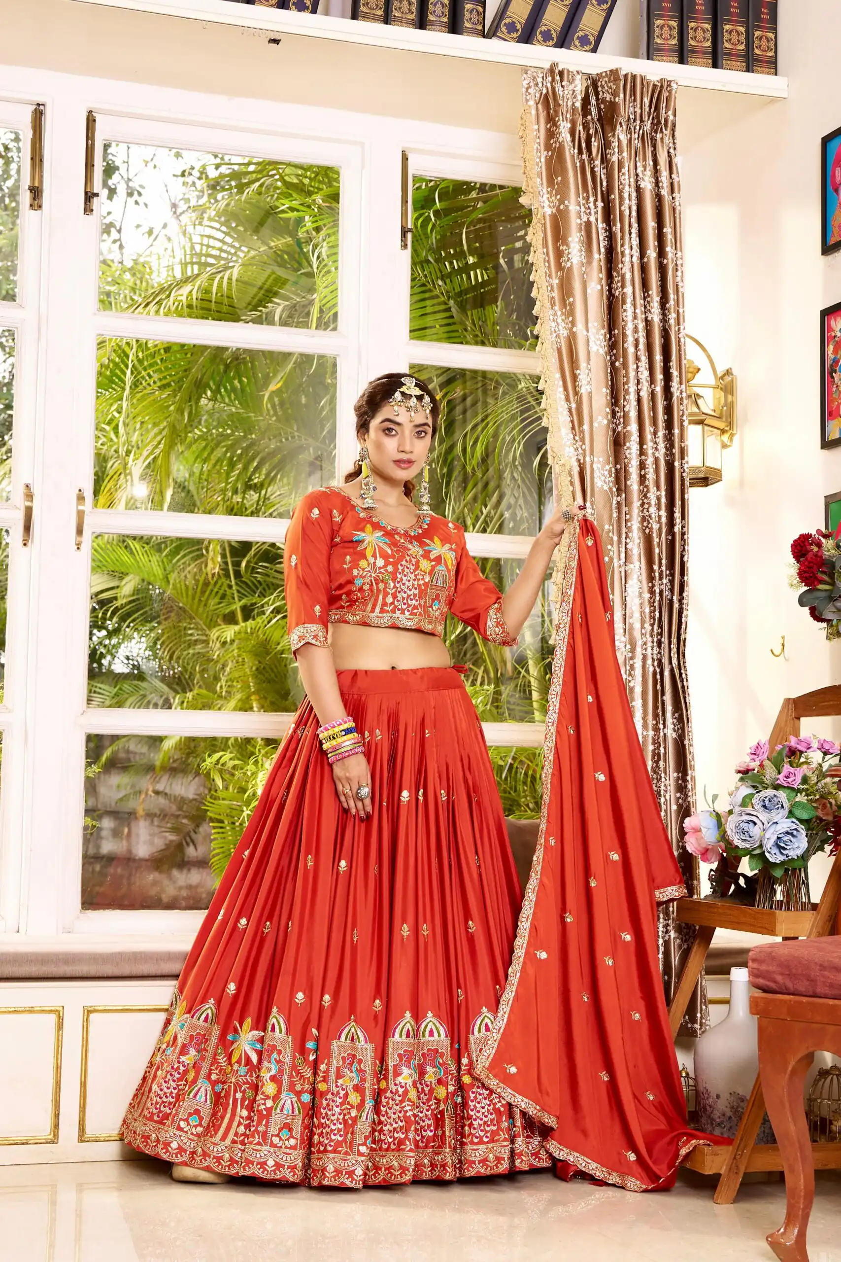 Trendy Orange Crap Silk Embroidery Work Lehenga Choli