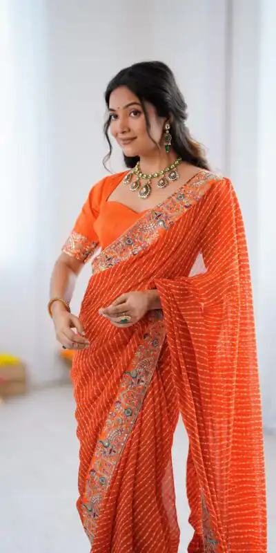 SP 79 Orange Faux Georgette Saree Perfect for Wedding, Party, Lohri, Engagement, Baby Shower – . Now at just ₹1999. Delivery 4-6 Working Days. Shop now | Creative Sarees, Bollywood Sarees, Designer Sarees, Embroidered Sarees, Ethnic Saree, Modern Digital sarees, Party Wear Sarees, Sarees