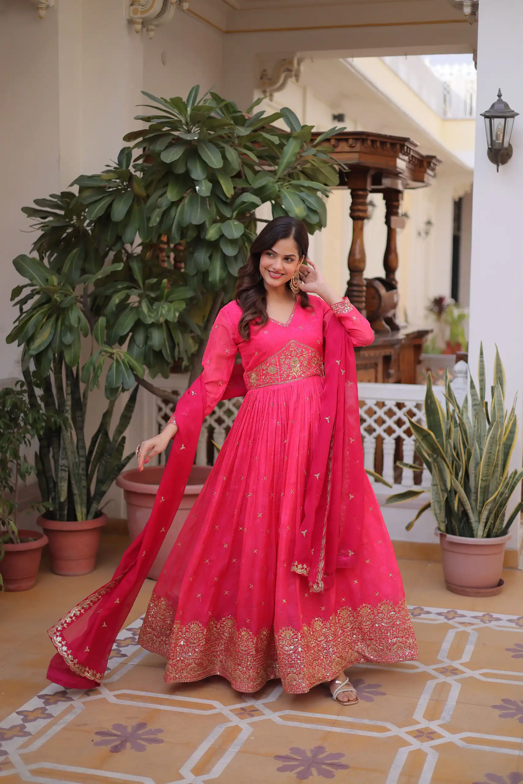 KA 1235 Pink Color Russian Silk Gown with Zari Work & Embroidery Work. Now at just ₹2499. Delivery 4-6 Working Days. Shop now. | Bollywood Gowns, Creative Gowns, Designer Gowns, Embroidered Gowns, Gowns, Party Wear Gowns
