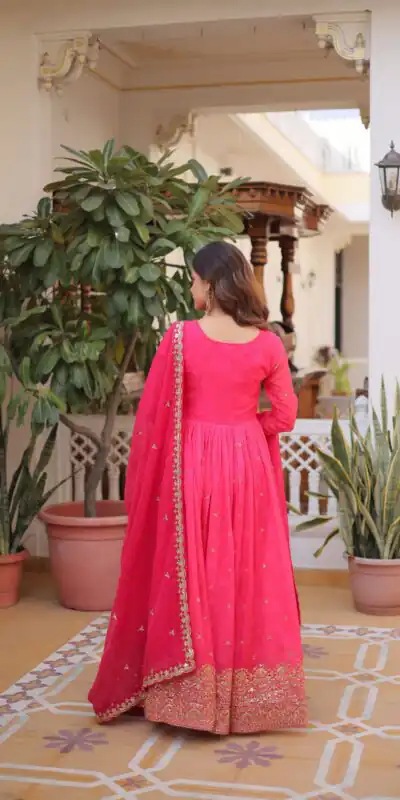 KA 1235 Pink Color Russian Silk Gown with Zari Work & Embroidery Work. Now at just ₹2499. Delivery 4-6 Working Days. Shop now. | Bollywood Gowns, Creative Gowns, Designer Gowns, Embroidered Gowns, Gowns, Party Wear Gowns