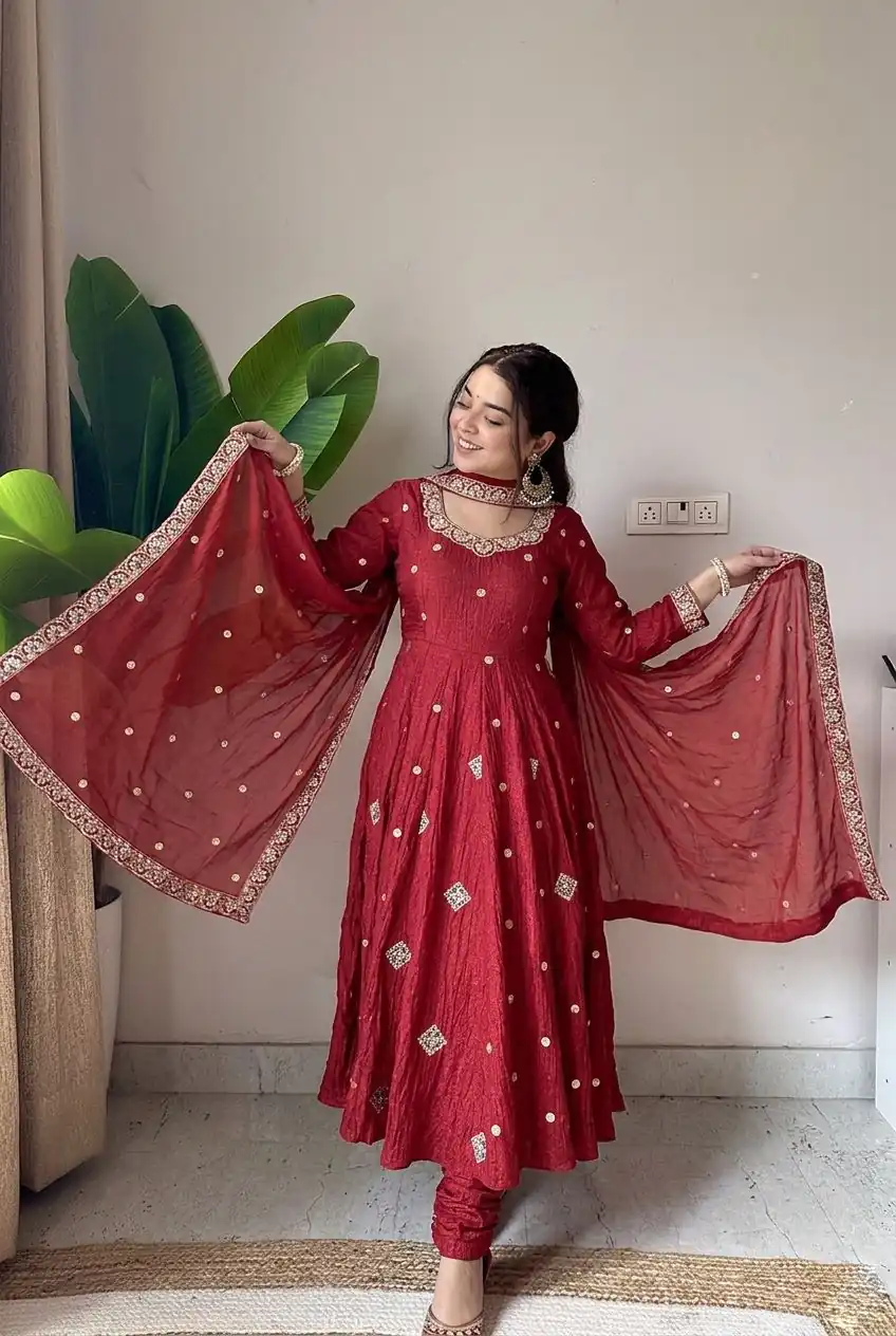 SRK 5351 Red Crunchy Silk Gown Perfect for Wedding, Party, Haldi, Anniversary, Holi – . Affordable Price ₹2149. Delivery 4-6 Working Days. Shop now. | Bollywood Gowns, Creative Gowns, Designer Gowns, Embroidered Gowns, Gowns, Party Wear Gowns
