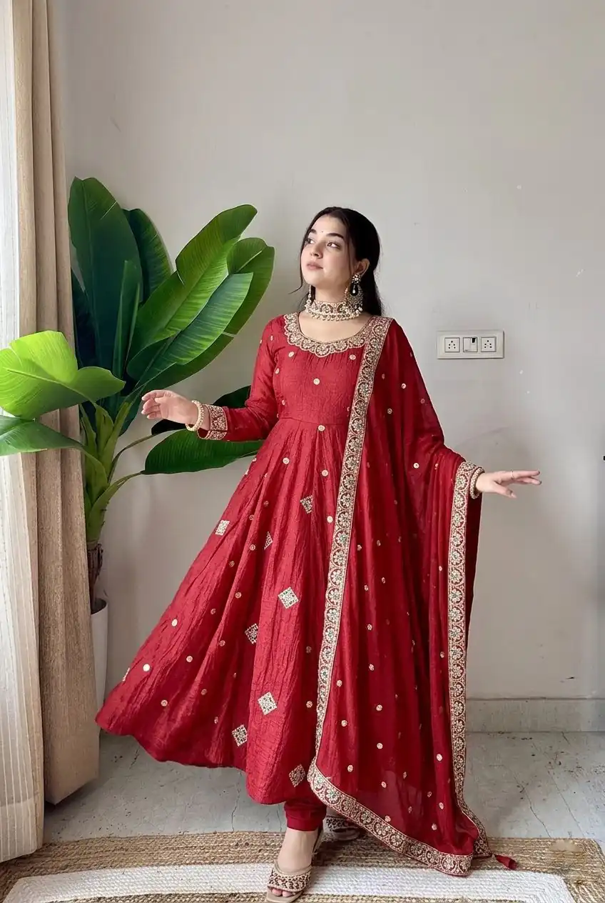 SRK 5351 Red Crunchy Silk Gown Perfect for Wedding, Party, Haldi, Anniversary, Holi – . Affordable Price ₹2149. Delivery 4-6 Working Days. Shop now. | Bollywood Gowns, Creative Gowns, Designer Gowns, Embroidered Gowns, Gowns, Party Wear Gowns