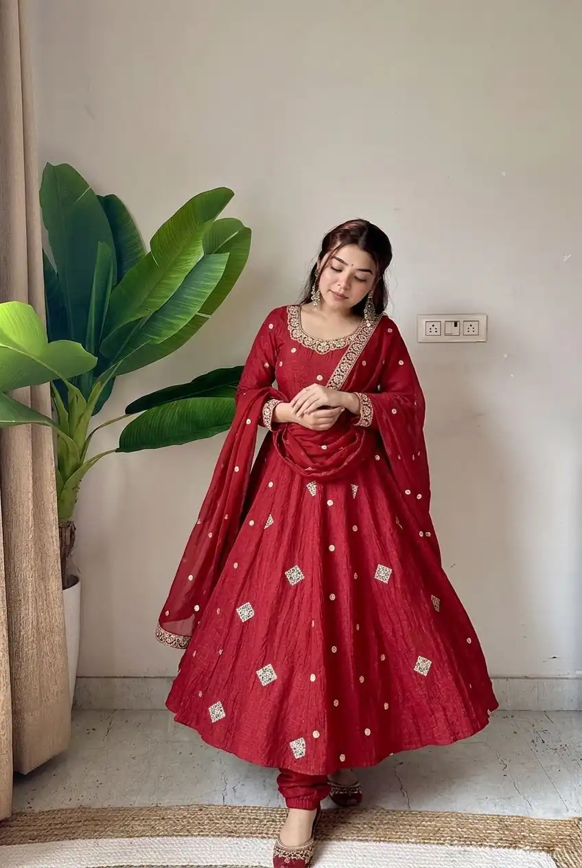 SRK 5351 Red Crunchy Silk Gown Perfect for Wedding, Party, Haldi, Anniversary, Holi – . Affordable Price ₹2149. Delivery 4-6 Working Days. Shop now. | Bollywood Gowns, Creative Gowns, Designer Gowns, Embroidered Gowns, Gowns, Party Wear Gowns