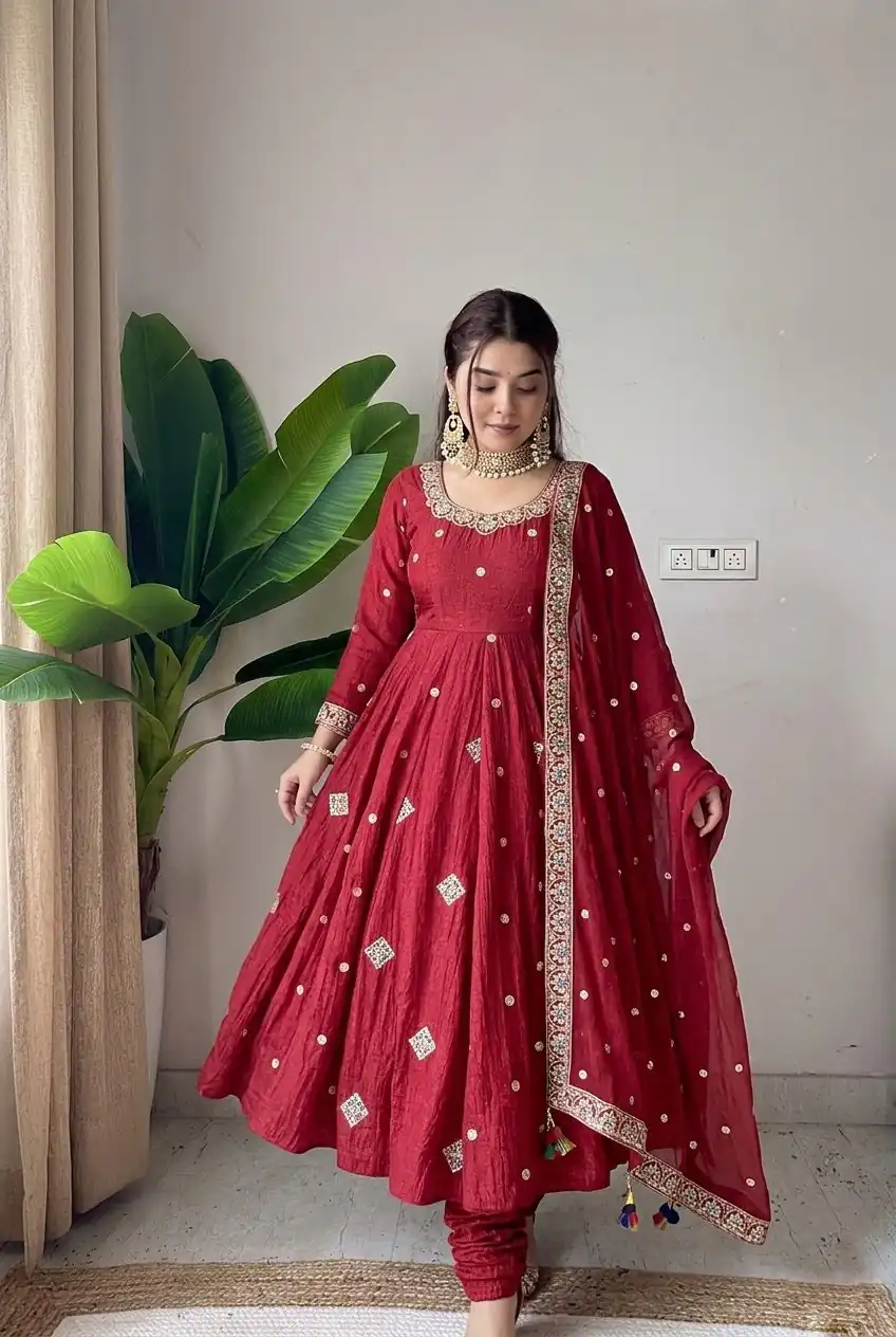 SRK 5351 Red Crunchy Silk Gown Perfect for Wedding, Party, Haldi, Anniversary, Holi – . Affordable Price ₹2149. Delivery 4-6 Working Days. Shop now. | Bollywood Gowns, Creative Gowns, Designer Gowns, Embroidered Gowns, Gowns, Party Wear Gowns