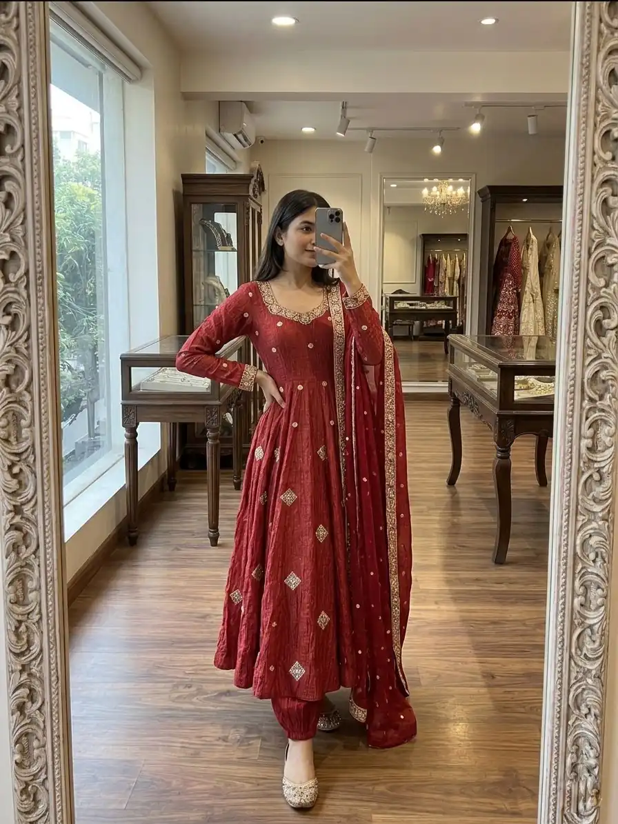 SRK 5351 Red Crunchy Silk Gown Perfect for Wedding, Party, Haldi, Anniversary, Holi – . Affordable Price ₹2149. Delivery 4-6 Working Days. Shop now. | Bollywood Gowns, Creative Gowns, Designer Gowns, Embroidered Gowns, Gowns, Party Wear Gowns