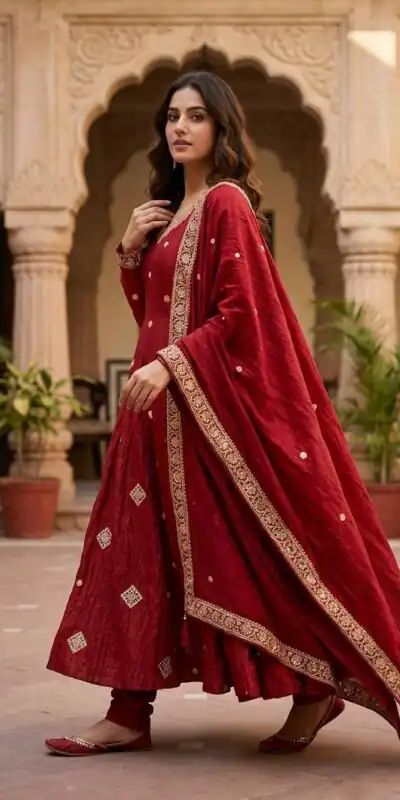SRK 5351 Red Crunchy Silk Gown Perfect for Wedding, Party, Haldi, Anniversary, Holi – . Affordable Price ₹2149. Delivery 4-6 Working Days. Shop now. | Bollywood Gowns, Creative Gowns, Designer Gowns, Embroidered Gowns, Gowns, Party Wear Gowns