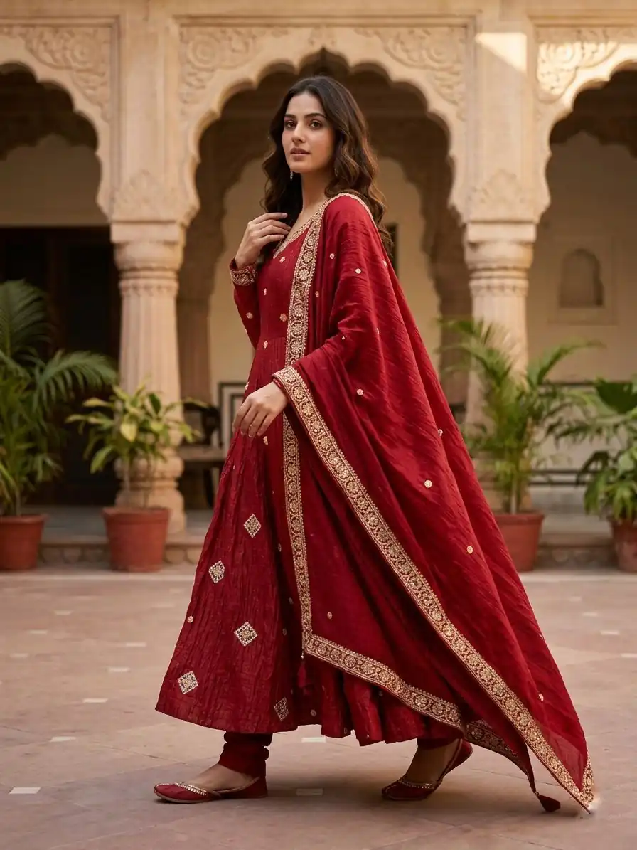 SRK 5351 Red Crunchy Silk Gown Perfect for Wedding, Party, Haldi, Anniversary, Holi – . Affordable Price ₹2149. Delivery 4-6 Working Days. Shop now. | Bollywood Gowns, Creative Gowns, Designer Gowns, Embroidered Gowns, Gowns, Party Wear Gowns