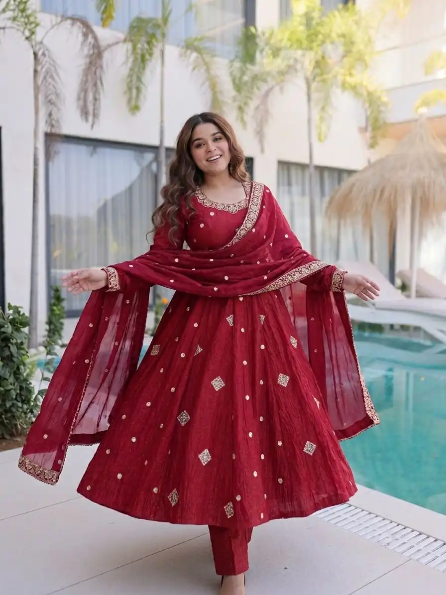 SRK 5351 Red Crunchy Silk Gown Perfect for Wedding, Party, Haldi, Anniversary, Holi – . Affordable Price ₹2149. Delivery 4-6 Working Days. Shop now. | Bollywood Gowns, Creative Gowns, Designer Gowns, Embroidered Gowns, Gowns, Party Wear Gowns