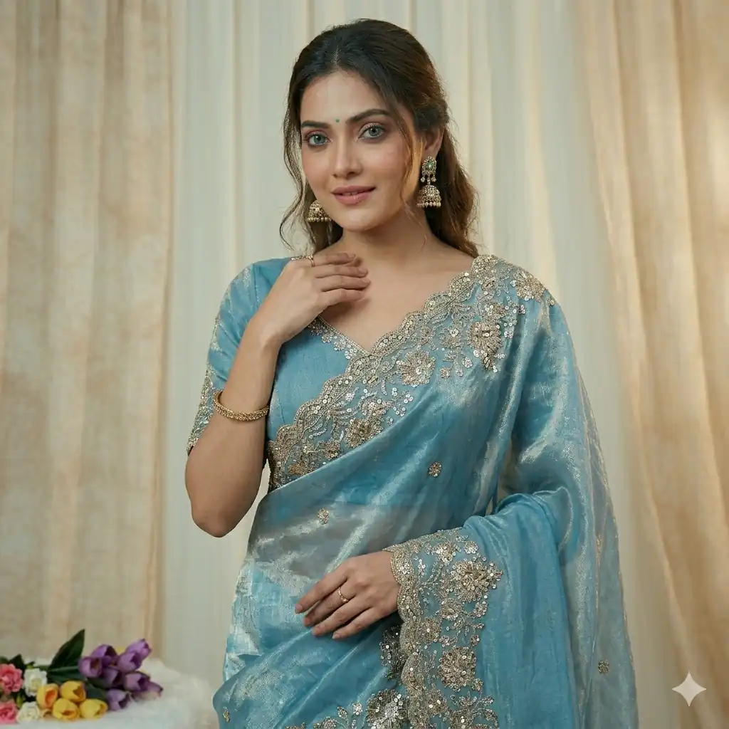 JR 670 Sky Blue in Space Silk Embroidery Work & Zari Work Saree . Available at ₹1949 only. Delivery 4-6 Working Days. Shop now. | Creative Sarees, Bollywood Sarees, Designer Sarees, Embroidered Sarees, Ethnic Saree, Modern Digital sarees, Party Wear Sarees, Sarees