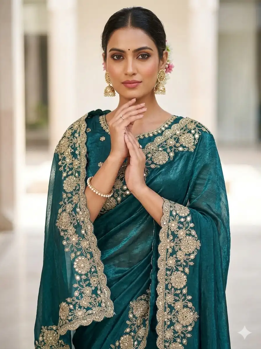 JR 670 Teal in Space Silk Embroidery Work & Zari Work Saree . Available at ₹1949 only. Delivery 4-6 Working Days. Shop now. | Creative Sarees, Bollywood Sarees, Designer Sarees, Embroidered Sarees, Ethnic Saree, Modern Digital sarees, Party Wear Sarees, Sarees