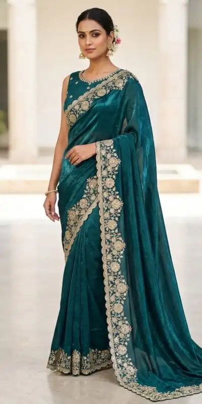 JR 670 Teal in Space Silk Embroidery Work & Zari Work Saree . Available at ₹1949 only. Delivery 4-6 Working Days. Shop now. | Creative Sarees, Bollywood Sarees, Designer Sarees, Embroidered Sarees, Ethnic Saree, Modern Digital sarees, Party Wear Sarees, Sarees