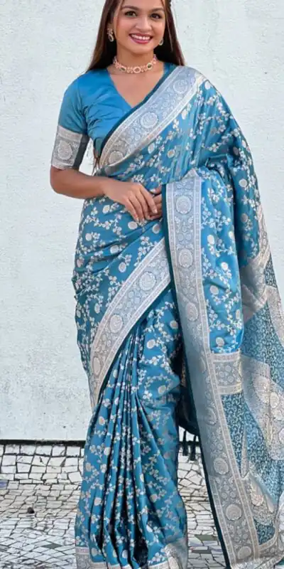 KPR 290 Blue in Soft Lichi Silk Jacquard Work Designer Work Saree . Exclusive Offer ₹1349. Delivery 4-6 Working Days. Shop now. | Creative Sarees, Bollywood Sarees, Designer Sarees, Embroidered Sarees, Ethnic Saree, Modern Digital sarees, Party Wear Sarees, Sarees