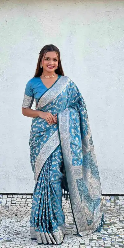 KPR 290 Blue in Soft Lichi Silk Jacquard Work Designer Work Saree . Exclusive Offer ₹1349. Delivery 4-6 Working Days. Shop now. | Creative Sarees, Bollywood Sarees, Designer Sarees, Embroidered Sarees, Ethnic Saree, Modern Digital sarees, Party Wear Sarees, Sarees