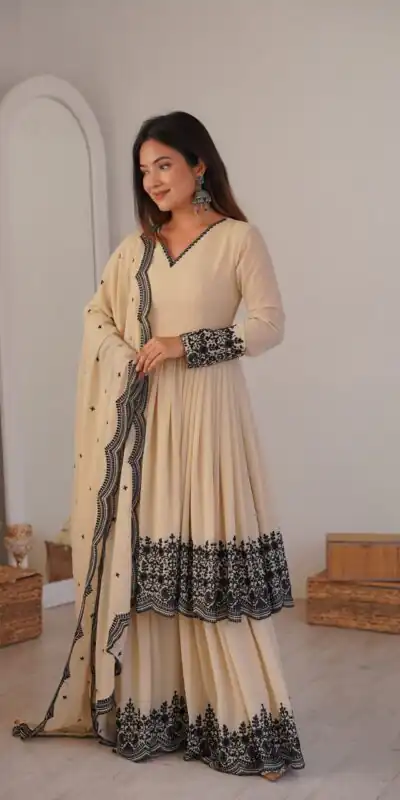 SP 71 Chiku Faux Georgette Salwar Suit with Embroidery Work. Available at ₹2499 only. Delivery 4-6 Working Days. Shop now. | Casual Suits, Jump Suits, Creative suits, Designer Suits, Palazzo Suits, Party Wear Suits, Patiala Suits, Salwar suit, Straight Suits