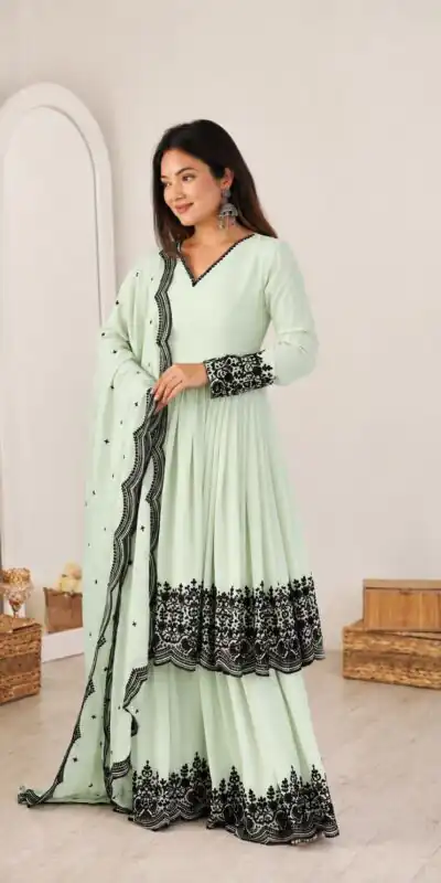 SP 71 Pista Faux Georgette Salwar Suit with Embroidery Work. Available at ₹2499 only. Delivery 4-6 Working Days. Shop now. | Casual Suits, Jump Suits, Creative suits, Designer Suits, Palazzo Suits, Party Wear Suits, Patiala Suits, Salwar suit, Straight Suits