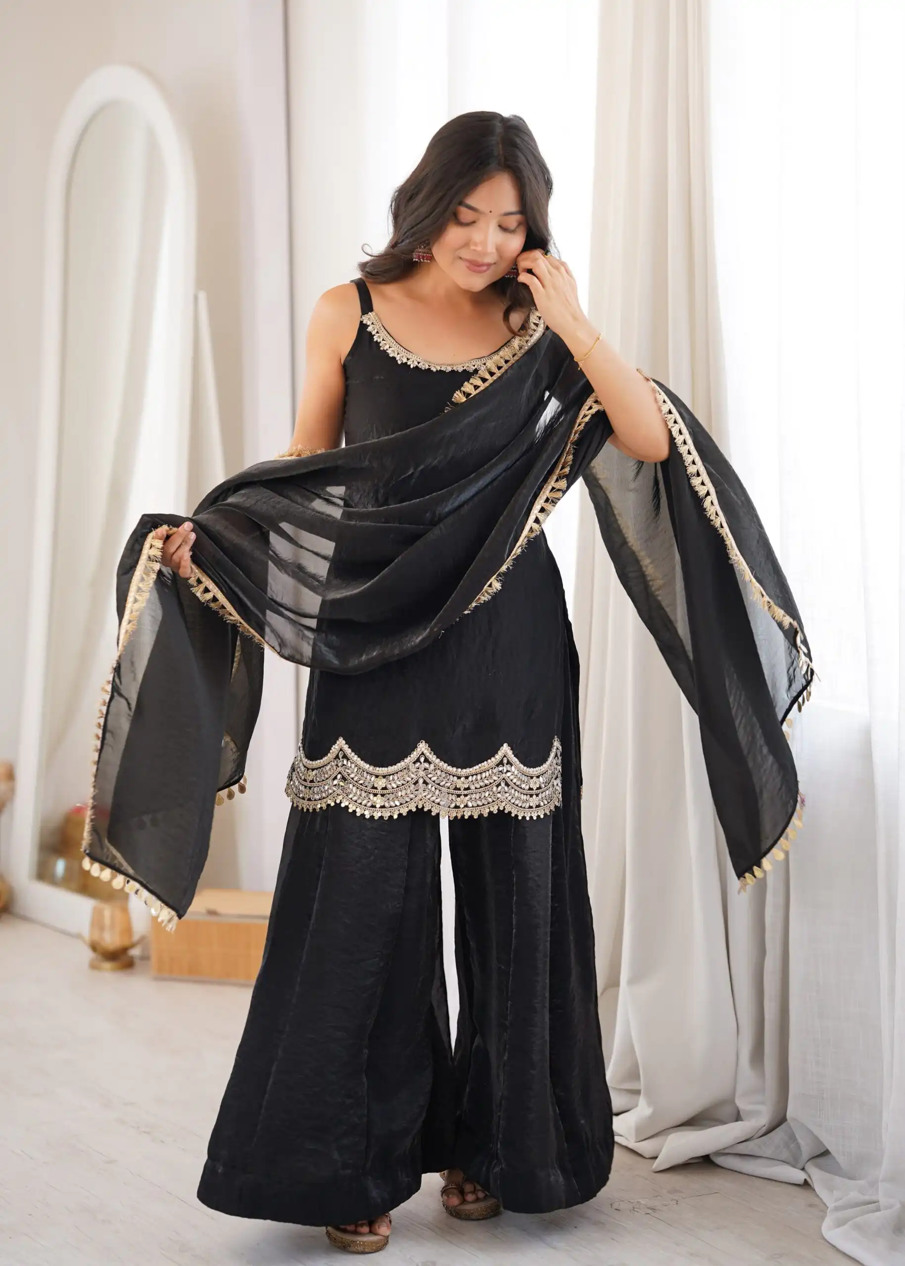 Aglow Black Fendy Silk ⁠Embroidery Mirror Work Salwar Suit - Image 12