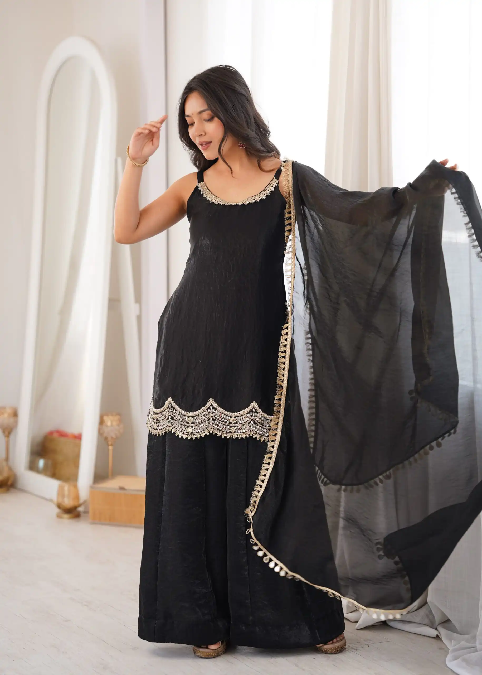 Aglow Black Fendy Silk ⁠Embroidery Mirror Work Salwar Suit - Image 5